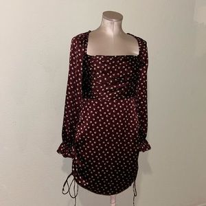 Ruched satin floral burgundy dress with square neckline spring dark coquette esq